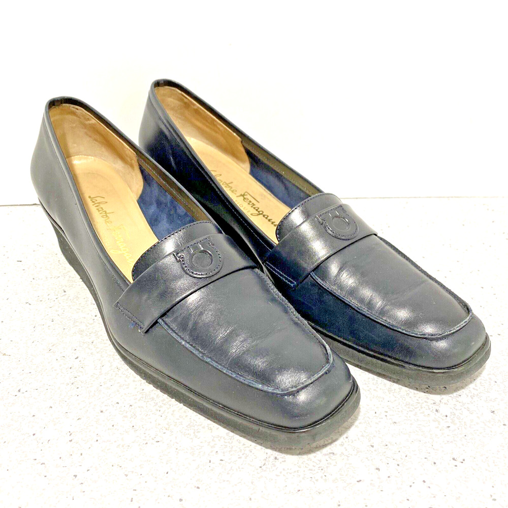 Salvatore Ferragamo Pumps Wedge Heel Black Leather Classic 9AA Shoes Loafers
